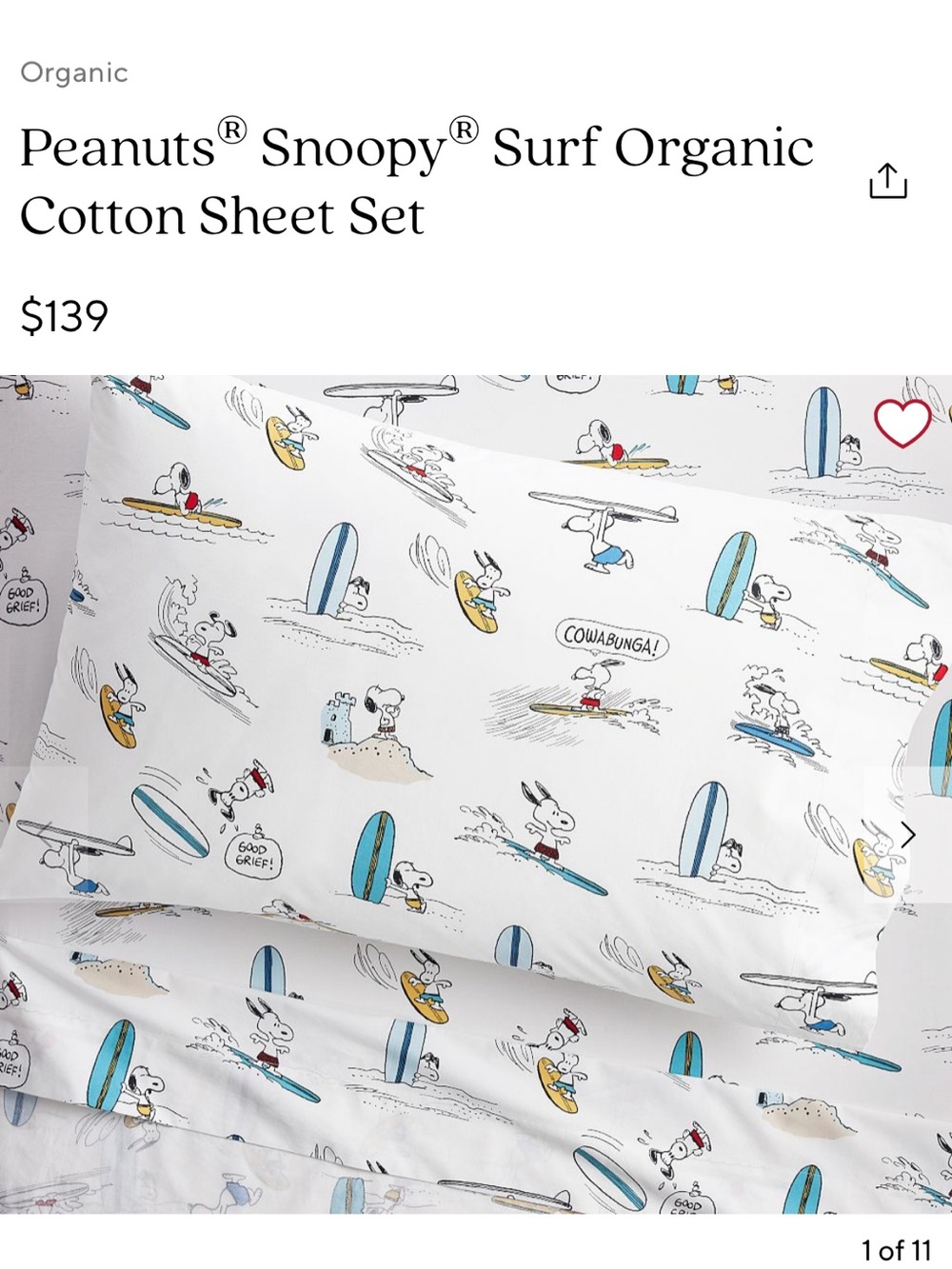 Pottery Barn Kids White Snoopy Surf Organic Cotton Toddler Sheet Set